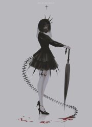 Rule 34 | 1girl, aoi ogata, artist name, black dress, black hair, blood, blood splatter, clip studio paint (medium), commentary, dress, english text, from side, full body, gas mask, goth fashion, grey background, greyscale, high heels, holding, holding umbrella, looking at viewer, mask, monochrome, original, pale skin, red eyes, see-through, see-through veil, short hair, solo, spot color, standing, tail, thigh strap, umbrella, veil
