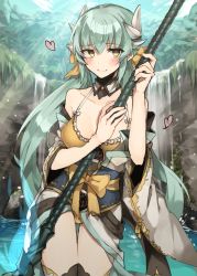 Rule 34 | 1girl, aqua hair, bare shoulders, bikini, blush, breasts, chibirisu, fate/grand order, fate (series), heart, holding, holding weapon, horns, japanese clothes, kimono, kiyohime (fate), kiyohime (fate/grand order), kiyohime (swimsuit lancer) (fate), kiyohime (swimsuit lancer) (first ascension) (fate), long hair, looking at viewer, off shoulder, polearm, sash, smile, solo, swimsuit, thighhighs, water, waterfall, weapon, yellow bikini