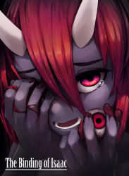 Rule 34 | 1girl, absurdres, black background, black skin, blood, blood on hands, bloody tears, collarbone, colored skin, copyright name, covering one eye, demon girl, english text, eyeball, female focus, guro, hair between eyes, highres, holding eye, horns, lilith (the binding of isaac), long hair, looking at viewer, missing eye, one-eyed, one eye covered, open mouth, portrait, red eyes, red hair, sidelocks, simple background, solo, tears, teeth, the binding of isaac, upper body, white horns, yellowparrot