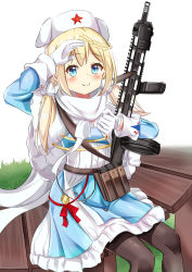 Rule 34 | 1girl, absurdres, ammunition pouch, black pantyhose, blonde hair, blue coat, blue eyes, blush, braid, closed mouth, coat, feet out of frame, fur hat, girls&#039; frontline, gloves, gun, hair ornament, hairclip, hat, highres, holding, holding gun, holding weapon, long hair, looking at viewer, low twintails, mod3 (girls&#039; frontline), mutugorou u, on bench, pantyhose, papakha, pouch, ppsh-41, ppsh-41 (girls&#039; frontline), ppsh-41 (mod3) (girls&#039; frontline), red star, salute, scarf, sitting, smile, solo, star (symbol), submachine gun, twintails, weapon, white gloves, white hat, white scarf