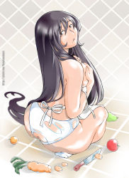 Rule 34 | 1girl, apple, apron, ass, bayeuxman, black hair, breasts, brown eyes, butt crack, carrot, covering privates, covering breasts, food, fruit, highres, housewife, knife, large breasts, lips, long hair, mature female, mole, mole under mouth, nearly naked apron, original, panties, pear, socks, solo, torn clothes, torn panties, underwear, vegetable, very long hair, white panties