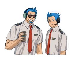 Rule 34 | 2boys, animal crossing, arm at side, arms at sides, beard, black-framed eyewear, blue hair, blush, brown-tinted eyewear, closed mouth, clothes writing, collared shirt, cropped torso, cup, disposable cup, facial hair, forehead, godzillapigeon1, grey eyes, grin, hand up, happy, headphones, highres, holding, holding cup, humanization, light blush, looking at viewer, male focus, multiple boys, necktie, nintendo, orville (animal crossing), red necktie, shirt, short hair, short sleeves, simple background, sketch, smile, spiked hair, sunglasses, teeth, tinted eyewear, upper body, white background, white shirt, wilbur (animal crossing)