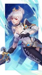 Rule 34 | 1girl, absurdres, belt, black choker, black gloves, black pants, breasts, choker, cleavage, collarbone, covered navel, folded ponytail, gem, gloves, highres, holding, holding sword, holding weapon, invictus gaming, jacket, jewelry, kezi, league of legends, leotard, looking at viewer, medium breasts, necklace, open clothes, open jacket, pants, parted lips, red eyes, red lips, riven (league of legends), solo, sword, tiara, weapon, white hair, white leotard
