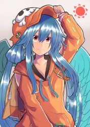 Rule 34 | 1girl, angel wings, asymmetrical wings, backpack, bag, blue hair, cabbie hat, cosplay, dated, dizzy (guilty gear), english text, feathered wings, guilty gear, guilty gear strive, guilty gear xrd, hair between eyes, hat, highres, jacket, long hair, mariebell, may (guilty gear), may (guilty gear) (cosplay), orange jacket, red eyes, sidelocks, signature, skull and crossbones, solo, sun, twintails, wings