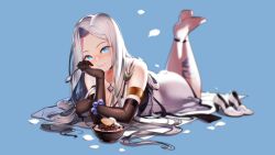 Rule 34 | 1girl, armlet, ass, bare shoulders, barefoot, bead bracelet, beads, black collar, black gloves, blue background, blue eyes, blush, bowl, bracelet, breasts, cleavage, closed mouth, collar, dot nose, dress, eating, elbow gloves, eyes visible through hair, feet, feet up, food, game cg, gloves, hair over shoulder, hand on own cheek, hand on own face, head tilt, high heels, highres, holding, holding spoon, jewelry, large breasts, light blush, long hair, looking at viewer, lying, miracle snack shop, necklace, no pupils, non-web source, nose blush, official art, on stomach, parted bangs, petals, philia salis, pink lips, print thighhighs, red bean paste, see-through, see-through thighhighs, shadow, shiny skin, simple background, spoon, talesshop, thighhighs, ukero, very long hair, white dress, white footwear, white hair