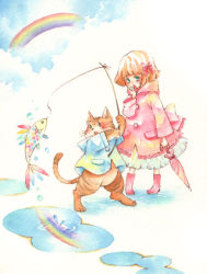 Rule 34 | cat, child, fish, fishing, iinuma chika, original, painting (medium), puddle, rainbow, raincoat, traditional media, watercolor (medium)