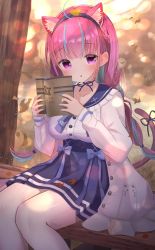 Rule 34 | 1girl, absurdres, ahoge, animal ear fluff, animal ears, animal print, bench, blue hair, blue nails, blush, book, breasts, cardigan, cat ears, cat print, cat tail, collarbone, hazuki lime, highres, holding, holding book, hololive, large breasts, leaf, legs, long hair, looking at viewer, medium breasts, minato aqua, minato aqua (sailor), multicolored hair, nail polish, on bench, pleated skirt, purple eyes, purple hair, reading, school uniform, serafuku, sitting, skirt, solo, streaked hair, tail, twintails, two-tone hair, virtual youtuber