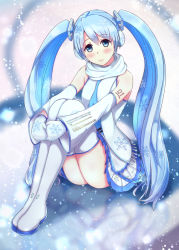 Rule 34 | 1girl, blue eyes, blue hair, boots, detached sleeves, hatsune miku, hugging own legs, long hair, looking at viewer, matching hair/eyes, mittens, naasan, necktie, scarf, sitting, skirt, smile, snowflakes, snowing, solo, thigh boots, thighhighs, twintails, very long hair, vocaloid, white scarf, yuki miku