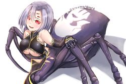 Rule 34 | 10s, 1girl, 2015, arachne, arthropod girl, breasts, carapace, claws, dated, detached sleeves, extra eyes, huge breasts, i.f.s.f, insect girl, light purple hair, looking at viewer, monster girl, monster musume no iru nichijou, multiple legs, parted lips, pelvic curtain, rachnera arachnera, red eyes, shadow, short hair, smile, solo, spider girl, taur, twitter username, underboob, white background