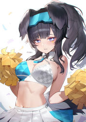 Rule 34 | 1girl, absurdres, animal ears, bare arms, bare shoulders, black hair, blue archive, blue eyes, breasts, cheerleader, cleavage, commentary, crop top, facial mark, goggles, goggles on head, hibiki (blue archive), hibiki (cheer squad) (blue archive), highres, large breasts, long hair, looking at viewer, midriff, millennium cheerleader outfit (blue archive), miniskirt, mmlyno, navel, pleated skirt, pom pom (cheerleading), ponytail, simple background, skirt, solo, star (symbol), stomach, upper body, white background, white skirt