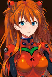 Rule 34 | 1girl, artist request, blue eyes, blush, bodysuit, breasts, brown hair, highres, lips, long hair, looking at viewer, medium breasts, neon genesis evangelion, plugsuit, red bodysuit, shiny clothes, simple background, smile, souryuu asuka langley, twintails, upper body, very long hair