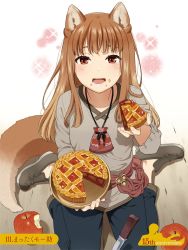 Rule 34 | 1girl, animal ears, anniversary, apple, apple pie, blush, brown hair, eating, food, food on face, fruit, highres, holo, loafers, long hair, long sleeves, looking at viewer, mattaku mousuke, no socks, official art, open mouth, pie, pouch, red eyes, shirt, shoes, sitting, smile, solo, spice and wolf, tail, wariza, wolf ears, wolf girl, wolf tail