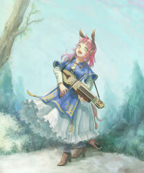 Rule 34 | 1girl, animal ears, bush, dress, forest, full body, green eyes, high heels, highres, holding, holding instrument, horse ears, horse girl, instrument, looking to the side, marori, music, nature, nyckelharpa, open mouth, original, outdoors, pink hair, playing instrument, sky, solo, sweden, tree
