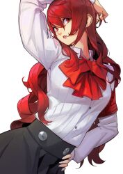 Rule 34 | 1girl, absurdres, arm up, bow, breasts, gekkoukan high school uniform, hair over one eye, hand on own hip, highres, kirijou mitsuru, letro, lipstick, long hair, long sleeves, looking at viewer, makeup, medium breasts, open mouth, parted lips, persona, persona 3, puffy long sleeves, puffy sleeves, red eyes, red hair, red lips, s.e.e.s, school uniform, skirt, solo