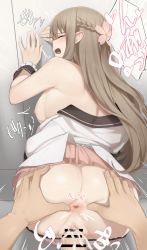 Rule 34 | 1girl, anus, ass grab, bar censor, blush, braid, breasts, brown hair, censored, closed eyes, commentary request, cum, cum in pussy, doggystyle, ejaculation, flower, french braid, from behind, hair flower, hair ornament, hetero, highres, indie virtual youtuber, kusunoki shio, long hair, nipples, open mouth, cum overflow, penis, pink skirt, pointy ears, pov, sex, sex from behind, shirt, skirt, solo focus, spread anus, translation request, virtual youtuber, wall, white shirt, wrist cuffs, zijou