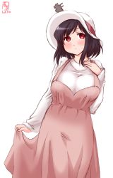 Rule 34 | 1girl, absurdres, alternate costume, artist logo, black hair, brown dress, commentary request, cowboy shot, dated, dress, hair ornament, hand on own chest, hat, highres, kanon (kurogane knights), kantai collection, looking at viewer, red eyes, revision, short hair, simple background, solo, sweater, white background, white sweater, yamashiro (kancolle)