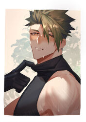 Rule 34 | 1boy, absurdres, achilles (fate), black gloves, black shirt, blush, border, brown eyes, clothes pull, fate/apocrypha, fate (series), gloves, green hair, haruakira, highres, male focus, muscular, muscular male, parted lips, pectorals, shirt, shirt pull, short hair, sidepec, sleeveless, sleeveless shirt, solo, sweat, undercut, upper body, white border