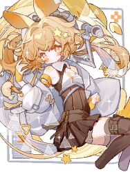 Rule 34 | animal ears, arknights, armor, bare shoulders, belt, blonde hair, breastplate, bright pupils, collared dress, dorothy (arknights), dress, feet out of frame, highres, jacket, long hair, looking at viewer, mouse (animal), mouse ears, mouse tail, orange eyes, pleated dress, saucer (saucer752), sleeveless, sleeveless dress, star-shaped pupils, star (symbol), symbol-shaped pupils, tail, thigh belt, thigh strap, thighhighs, white jacket, white pupils, zettai ryouiki