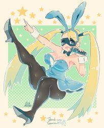 Rule 34 | 1girl, ass, blonde hair, breasts, capcom, cleavage, dress, high heels, highres, leotard, mask, microphone, playboy bunny, rainbow mika, short dress, street fighter, thick thighs, thighhighs, thighs, twintails, yumecan2