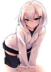 Rule 34 | 1girl, all fours, black skirt, black thighhighs, blue eyes, closed mouth, full body, hair between eyes, hair ornament, hairclip, highres, hood, hood down, hoodie, long sleeves, looking at viewer, no shoes, original, otokuyou, pout, ringo-chan (haegiwa), ringo-chan (otokuyou), short hair, simple background, sitting, skirt, solo, thighhighs, tsurime, white background, white hair, zettai ryouiki