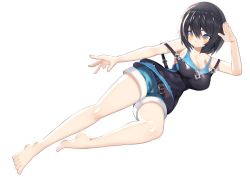 Rule 34 | 1girl, bad id, bad twitter id, bare legs, bare shoulders, barefoot, belt, belt buckle, black dress, black hair, blue shirt, breasts, buckle, cleavage, commentary, dress, eyes visible through hair, full body, hair between eyes, hand up, large breasts, legs, lying, mamuru, off shoulder, on side, original, shirt, short dress, short eyebrows, short hair, short shorts, shorts, simple background, solo, strap slip, tank top, thighs, white background, yellow eyes