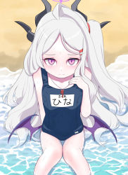 Rule 34 | 1girl, absurdres, ahoge, beach, blue archive, collarbone, demon girl, demon horns, demon wings, flat chest, hair ornament, halo, highres, hina (blue archive), hina (swimsuit) (blue archive), horns, long hair, looking at viewer, low wings, multiple horns, name tag, ocean, old school swimsuit, one-piece swimsuit, outdoors, parted bangs, partially submerged, purple eyes, school swimsuit, sitting, solo, swimsuit, wading, water, wet, whistle, whistle around neck, white hair, wings, yuuki kupo