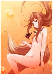 Rule 34 | 1girl, absurdres, animal ears, ayakura juu, brown hair, bubble, flat chest, hair censor, highres, holo, huge filesize, jewelry, long hair, necklace, nude, pouch, red eyes, scan, seed, solo, spice and wolf, tail, wolf ears, wolf tail