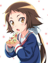 Rule 34 | 1girl, blush, brown eyes, brown hair, eating, food, food on face, highres, long hair, looking at viewer, michairu, mikakunin de shinkoukei, mitsumine mashiro, open mouth, pizza, ponytail, school uniform, short hair with long locks, solo, star (symbol), starry background, yellow eyes