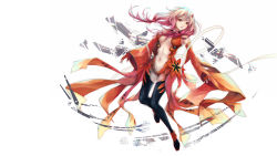 Rule 34 | 10s, 1girl, bare shoulders, black thighhighs, breasts, center opening, cleavage, detached sleeves, elbow gloves, fingerless gloves, gloves, guilty crown, hair ornament, hairclip, highres, long hair, looking at viewer, navel, nyanfood, open mouth, pink hair, red eyes, solo, thighhighs, twintails, yuzuriha inori