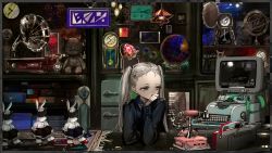 Rule 34 | 1girl, clock, computer, corded phone, doll, globe, grey eyes, grey hair, hand on own chin, head rest, highres, long hair, looking to the side, narue, original, phone, phonograph, solo, stuffed animal, stuffed toy, teddy bear, twintails