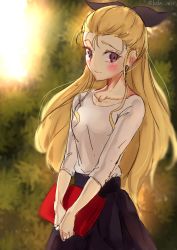 Rule 34 | 10s, 1girl, absurdres, assam (girls und panzer), bad id, bad twitter id, bag, black ribbon, black skirt, blonde hair, blue eyes, blurry, blurry background, blush, casual, closed mouth, collarbone, commentary, day, girls und panzer, hair pulled back, hair ribbon, handbag, high-waist skirt, highres, holding, long hair, long sleeves, looking at viewer, matsukan (dug pile), one-hour drawing challenge, outdoors, ribbon, shirt, sketch, skirt, smile, solo, standing, twitter username, upper body, white shirt