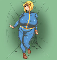 Rule 34 | 1girl, blonde hair, breasts, fallout (series), fallout 4, female focus, huge breasts, plump, short hair, solo, standing, vault girl, wide hips, ponkotsu (robolobo4956)