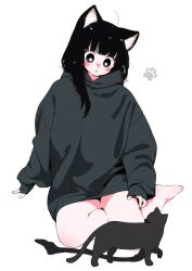 Rule 34 | 1girl, :o, ahoge, animal ear fluff, animal ears, barefoot, black cat, black eyes, black hair, blunt bangs, blush, blush stickers, cat, cat ears, cat girl, commentary request, dot nose, full body, grey hoodie, highres, hood, hoodie, hoodie hiding shorts, looking down, megateru, no legwear, no pants, nose blush, notice lines, on floor, original, oversized clothes, partial commentary, paw print, simple background, sleeves past wrists, solo, thighhigh removed, thighs, white background