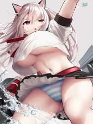 Rule 34 | 1girl, animal ears, areola slip, artist name, azur lane, braid, breasts, fingerless gloves, floating hair, gloves, grey background, highres, large breasts, long hair, looking away, machinery, navel, oekakizuki, open mouth, panties, pleated skirt, red eyes, signature, silver hair, simple background, skirt, solo, striped clothes, striped panties, thick eyebrows, underboob, underwear, water, yuudachi (azur lane)