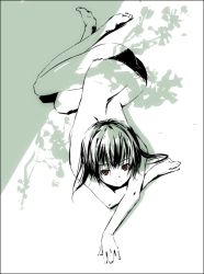 Rule 34 | 1girl, green theme, lying, monochrome, on stomach, red eyes, refeia, shadow, solo, spot color, topless