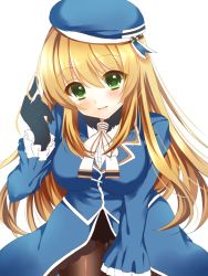Rule 34 | 10s, 1girl, :d, atago (kancolle), bad id, bad pixiv id, bent over, beret, black gloves, black pantyhose, blonde hair, bow, bowtie, gloves, green eyes, hat, head tilt, highres, kantai collection, long hair, looking at viewer, open mouth, pantyhose, saijou yukina, smile, solo, uniform