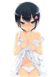 Rule 34 | 1girl, :p, absurdres, bad id, bad pixiv id, black hair, blue eyes, blush, bow, clothes lift, collarbone, dancho (dancyo), dress, dress lift, hair ornament, highres, original, panties, short hair, simple background, skull.03, solo, tongue, tongue out, underwear, white background, white panties