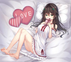 Rule 34 | 1girl, bare legs, bare shoulders, barefoot, bed sheet, blush, box, breasts, brown hair, covering own mouth, dress, egg, embarrassed, feet, frilled dress, frilled sleeves, frills, full body, gift, gift box, green eyes, hair between eyes, halter dress, halterneck, highres, holding, holding gift, long hair, looking at viewer, lying, medium breasts, off-shoulder dress, off shoulder, on back, original, pillow, raised eyebrows, red ribbon, ribbon, soles, solo, toes, two-handed, valentine, wavy hair, white dress, ym (distance819)