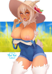 Rule 34 | 1girl, absurdres, artist logo, artist name, bare shoulders, blonde hair, blurry, blurry background, breast hold, breasts, breasts out, cowboy shot, dark-skinned female, dark skin, denim, depth of field, elbow gloves, eyebrows, facing viewer, fellatio gesture, female focus, field, fingerless gloves, fleet-foot, floral background, flower, fur, fur trim, gloves, hair between eyes, hat, hat flower, heart, heart-shaped pupils, highres, horns, large breasts, looking at viewer, monster girl, monster musume no iru nichijou, motion lines, nipples, no bra, off shoulder, open mouth, overall shorts, overalls, platinum blonde hair, pointy ears, red eyes, saane (monster musume), saliva, satyr, sexually suggestive, short hair, solo, standing, straw hat, sun hat, symbol-shaped pupils, tail, thighs, tongue, tongue out, white hair