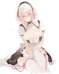 Rule 34 | 1girl, apron, azur lane, bad id, bad twitter id, between legs, blush, breasts, choker, cleavage, closed mouth, dress, frills, hair between eyes, hairband, hand between legs, hand on own leg, highres, lace-trimmed hairband, lace trim, large breasts, maid, mi 398, puffy sleeves, red eyes, red ribbon, ribbon, short hair, short sleeves, sidelocks, sirius (azur lane), sitting, solo, thighhighs, white hair