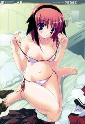 1girl absurdres barefoot bikini feet female_focus hairband highres purple_eyes red_hair short_hair side-tie_bikini_bottom solo swimsuit toes undressing yuki_usagi