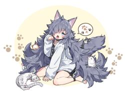 Rule 34 | 1girl, animal, animal ear fluff, animal ears, barefoot, black choker, black shirt, blue eyes, brown background, cat, cat ears, choker, collarbone, commentary request, fang, grey hair, hair over one eye, hand up, hood, hood down, hooded jacket, jacket, kazana (sakuto), long sleeves, looking at viewer, open mouth, original, paw pose, puffy long sleeves, puffy sleeves, shirt, sitting, sleeves past wrists, solo, thick eyebrows, translation request, two-tone background, wariza, white background, white cat, white jacket