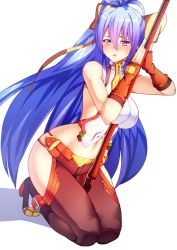 Rule 34 | 1girl, antenna hair, backless outfit, bare shoulders, between breasts, black pants, blazblue, blazblue: central fiction, blazblue variable heart, blue hair, blush, boots, bow, breasts, cleavage, fingerless gloves, full body, genderswap, genderswap (mtf), gloves, hair between eyes, hair bow, halterneck, high heel boots, high heels, highres, hip focus, holding, holding weapon, knee boots, kneeling, large breasts, legs together, long hair, looking at viewer, lowleg, lowleg pants, mai natsume, midriff, navel, nishisan (mikurosu), no bra, no panties, open mouth, outseal, pants, polearm, ponytail, purple eyes, revealing clothes, ribbon, sideboob, sidelocks, solo, spear, thighs, very long hair, weapon, yellow bow