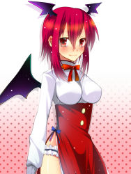 Rule 34 | 1girl, alternate costume, bad id, bad pixiv id, bat wings, blush, breasts, embodiment of scarlet devil, fang, female focus, haine (howling), head wings, highres, impossible clothes, impossible shirt, koakuma, bridal garter, light smile, long hair, red eyes, red hair, shirt, short hair, side slit, sidelocks, solo, sparkle, touhou, wings, ykm
