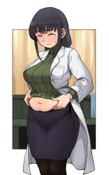 Rule 34 | 1girl, belly, black hair, border, breasts, closed eyes, coat, commission, frown, highres, holding stomach, houkago teibou nisshi, indoors, kotani sayaka, large breasts, leggings, long hair, looking down, mature female, navel, office, office lady, omuraashu, pixiv commission, plump, sidelocks, skirt, solo, sweatdrop, sweater, teacher, tight clothes, turtleneck, weight conscious, white border, white coat