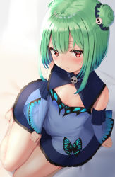 Rule 34 | 1girl, :t, bare shoulders, barefoot, blue dress, blue sleeves, blush, closed mouth, commentary request, detached sleeves, double bun, dress, green hair, hair between eyes, hair bun, hair ornament, highres, hololive, long sleeves, looking at viewer, pout, red eyes, reinama, sitting, skull, skull hair ornament, sleeveless, sleeveless dress, solo, uruha rushia, uruha rushia (1st costume), v-shaped eyebrows, virtual youtuber, wide sleeves