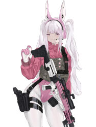 Rule 34 | 1girl, alice (nikke), alternate costume, animal ear headphones, animal ears, belt, bulletproof vest, closed mouth, cropped jacket, fake animal ears, gloves, goddess of victory: nikke, grey hair, gun, headphones, headset, highres, jacket, leotard, long hair, mutugorou u, pink eyes, pink gloves, pink jacket, pink leotard, pouch, rifle, sidelocks, simple background, smile, sniper rifle, solo, tactical clothes, thigh belt, thigh pouch, thigh strap, twintails, two-tone gloves, weapon, white background, white gloves