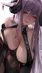 Rule 34 | 1girl, absurdres, azur lane, bare shoulders, black horns, blush, breasts, covered navel, curled horns, friedrich carl (azur lane), highres, horn ornament, horns, huge breasts, jewelry, liaowen, long hair, looking at viewer, mole, mole under mouth, necklace, open mouth, purple eyes, purple hair, simple background, smile, solo, teeth, upper teeth only, white background