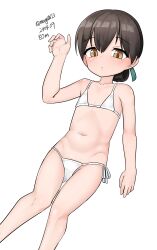 Rule 34 | 1girl, absurdres, bikini, black hair, brown eyes, dated, feet out of frame, flat chest, folded ponytail, highres, kantai collection, kasuga maru (kancolle), long hair, lying, maru (marg0613), one-hour drawing challenge, side-tie bikini bottom, simple background, solo, swimsuit, taiyou (kancolle), thigh gap, twitter username, white background, white bikini