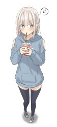 Rule 34 | !, !!, 1girl, black thighhighs, blonde hair, blue eyes, blue footwear, blue hoodie, blush, braid, clothing cutout, commentary request, drink, drinking straw, highres, holding, holding drink, hood, hood down, hoodie, long hair, long sleeves, original, ramchi, shoes, shoulder cutout, side braid, signature, silver hair-chan (ramchi), sneakers, solo, spoken exclamation mark, standing, thighhighs, white background, zettai ryouiki